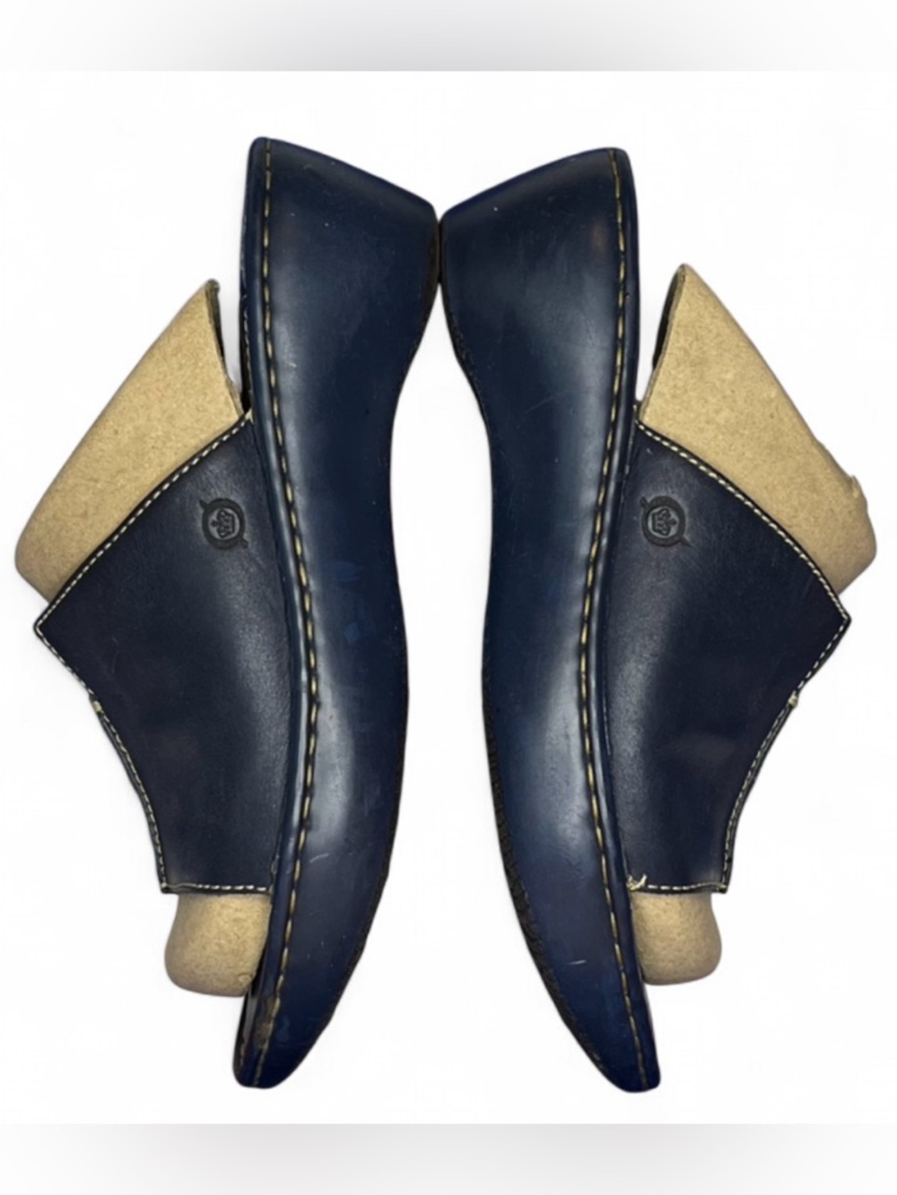 Born Yucatan Clogs Women's 8 Natural Leather Navy Slip On Comfort Wedge Sandals